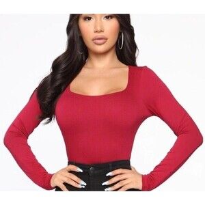 Women’s Burgundy Square Neck Long Sleeve Top Size L Soft Stretch Fitted Blouse